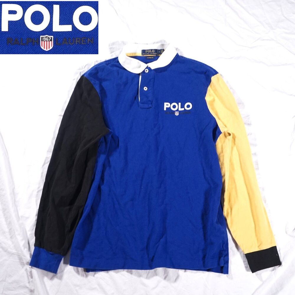 Polo Ralph Lauren Color Block Pique Knit Shirt Yellow Blue Spellout Mens Medium